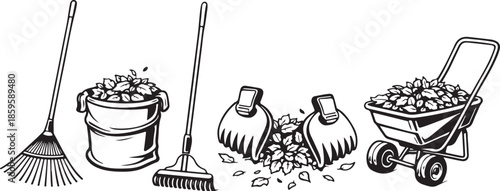 Leaf Raking And Fall Cleanup Tools Line Art Bundle eps