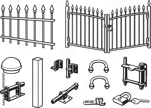 Metal fence and gate parts line art set eps