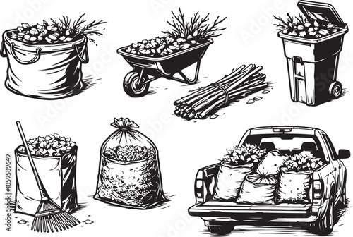 Yard Debris Collection Tools Line Art Bundle eps