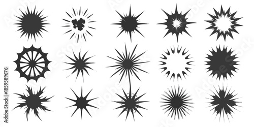 Abstract starburst patterns in varying shapes and intensities on a black backdrop