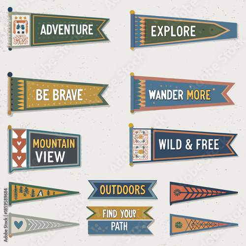 Collection of colorful pennant banners with inspirational outdoor adventure themed words