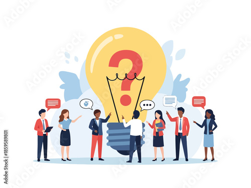 Diverse Team Collaborating on Problem Solving and Idea Generation Under a Light Bulb Question Mark Symbol