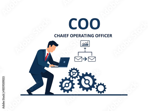 Chief Operating Officer Working on Laptop with Gears and Workflow Diagram