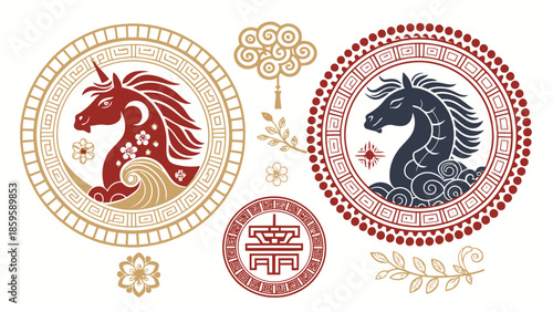 Vibrant mythical horse designs with floral patterns and geometric borders