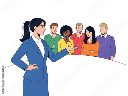 Businesswoman leading a meeting presenting ideas to diverse team members at a round table