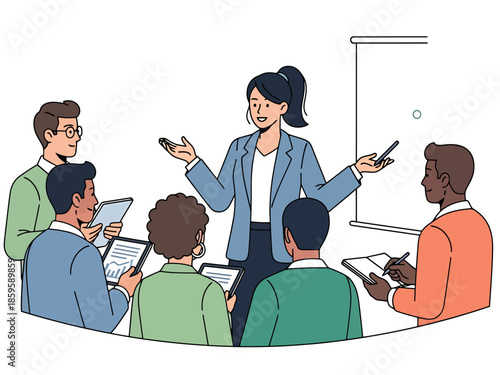 Diverse Team in a Business Meeting Learning from a Female Leader Presenting Ideas
