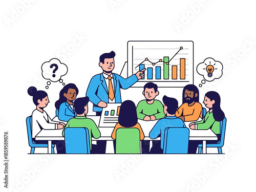 Team meeting presenting business growth strategy with charts and ideas