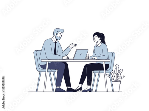 Business Meeting Two Professionals Discussing Plans at a Table with Laptop