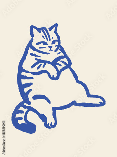 Tabby cat lounging naive doodle bold outline vector illustration