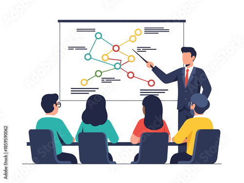 Business Presentation Meeting with Team Discussing Strategy and Growth Chart