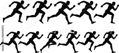 Running motion silhouette set with twelve sequential male and female sprint poses for animation, sports, and biomechanics themes.