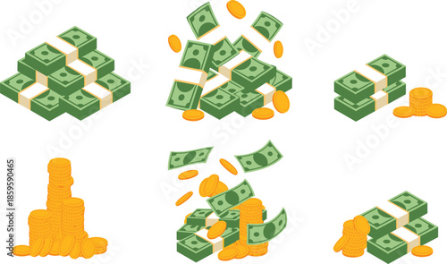 Stacks of paper money and gold coins in various arrangements, symbolizing wealth, finance, and economic concepts on white background
