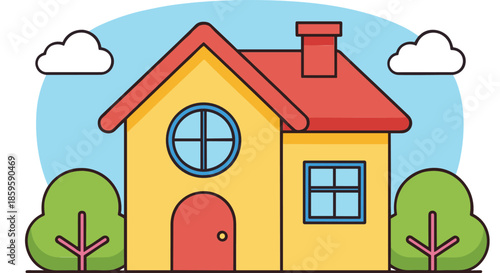 Cute cartoon house with trees and clouds illustration for real estate, family living, and residential concepts isolated on white background vector design