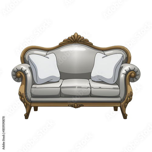 Luxurious Ornate Three-Seater Sofa with Gilded Carved Wooden Frame Illustration