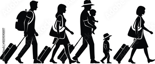 Travel silhouette set with seven figures including adults and children walking with luggage for airport, journey, and vacation themes.