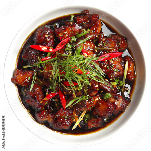 Spicy Korean Fried Chicken Dakgangjeong in White Bowl with Red Chili Peppers, Rosemary, isolated on transparent background