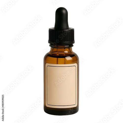 Brown glass essential oil dropper bottle with blank label mockup.