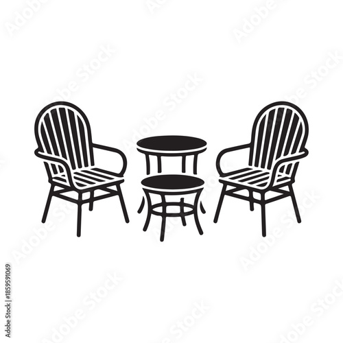 Black and white illustration of a bistro set with two chairs and a table