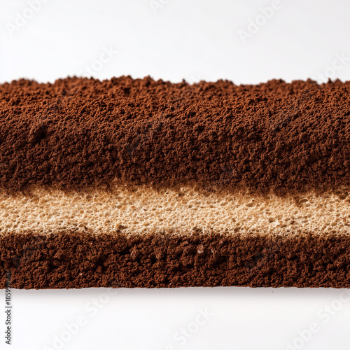 Hojicha tiramisu macro, sponge pores, cocoa dust micro texture