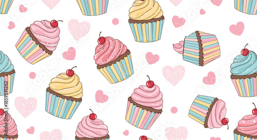Cute cupcake and cake slice seamless pattern with hearts for bakery, dessert, and celebration designs vector illustration
