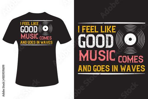 Black t shirt with music themed design and vinyl record graphic