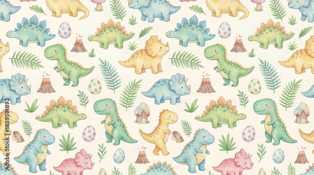 Fototapeta Colorful dinosaurs and volcanoes pattern for kids wallpaper