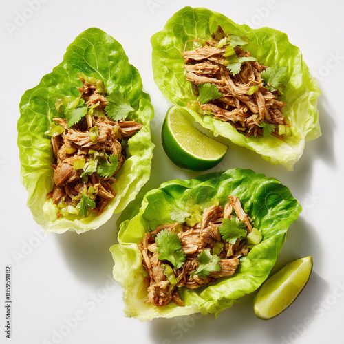 Mini taco protein kit, lettuce wrap shells, slow-cooked meat cup, lime wedge packet