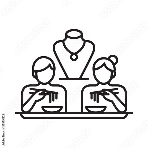 Line art illustration of two people examining jewelry on a display