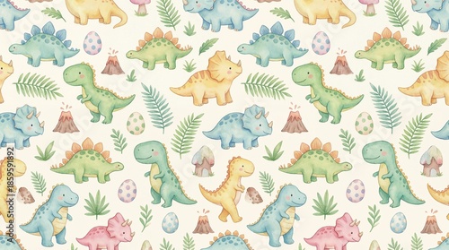 Colorful dinosaurs and volcanoes pattern for kids wallpaper
