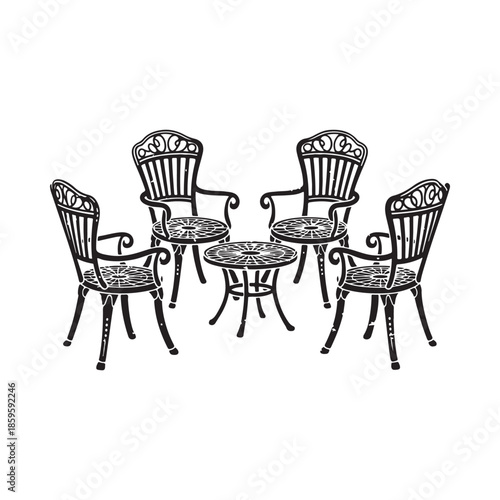 Elegant black wrought iron patio set including table and four chairs