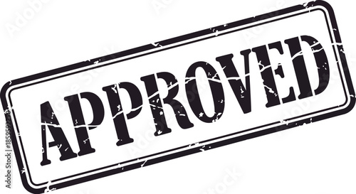 Distressed black and white approved stamp graphic with a rectangular border on transparent background