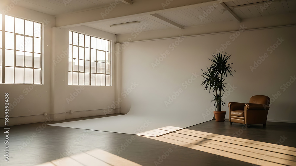 Fototapeta premium Bright, minimalist photo studio with industrial windows, white cyclorama, armchair, and natural light casting long floor shadows