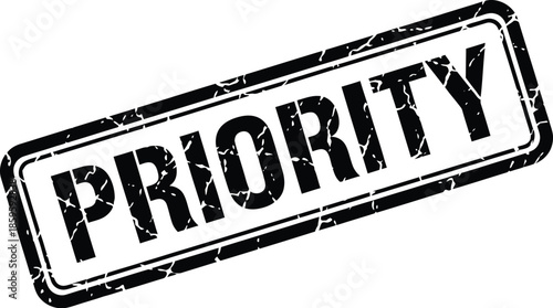Black priority stamp with distressed texture and rectangular frame on transparent background