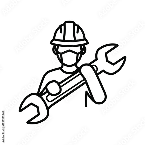 Worker holding wrench construction symbol safety gear