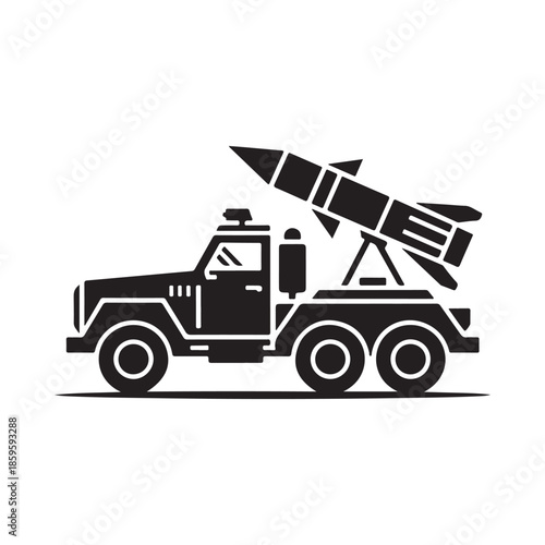 A black silhouette of a military vehicle transporting a guided missile