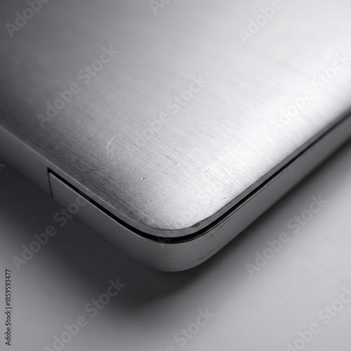 Macro close-up of a brushed aluminum laptop corner showing visible scratches and authentic wear texture.