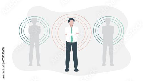 Businessman standing out among silhouetted figures, leadership and success concept illustration