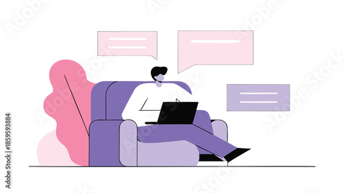 Person working on laptop while sitting on a couch with speech bubbles around them in a minimalist illustration style