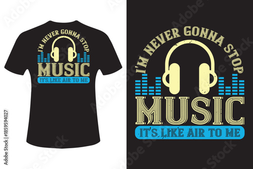 Black t shirt with music themed design and glowing headphones
