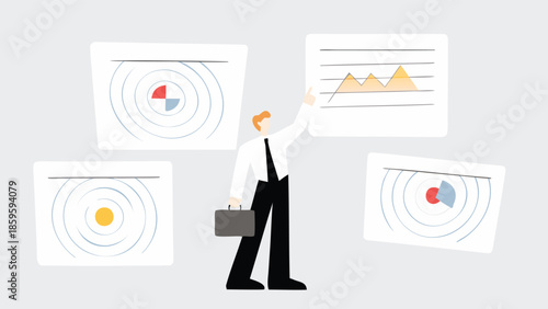 Businessman presenting data analysis and graphs in editorial layout, flat design illustration, professional presentation style