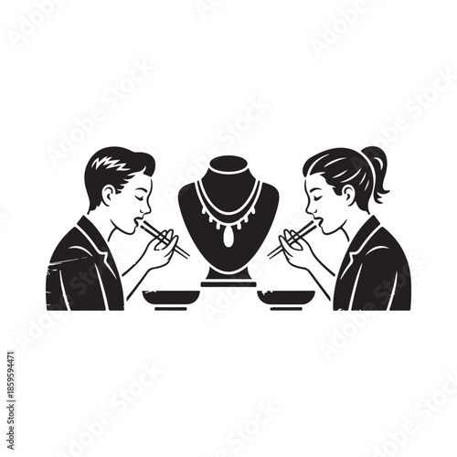 A striking black and white illustration of two people eating with chopsticks
