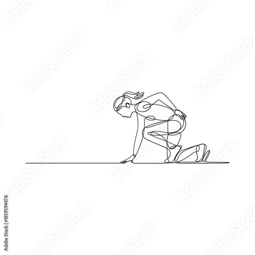 A continuous line drawing of a woman in a starting position for a race