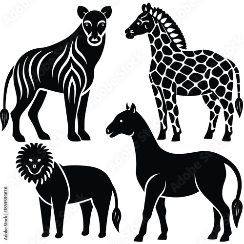 Row of Wild Animal Silhouettes Including Lion, Wolf, and Hyena, Wildlife Predators Vector Set