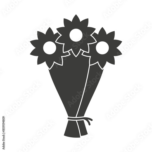Minimalist black and white flower bouquet silhouette with pointed petals, wrapped in paper and tied with string. Elegant icon for decor or greeting design.