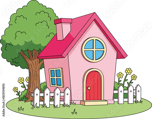Cute pink house with tree and white fence illustration for children storybook and fairytale home vector design