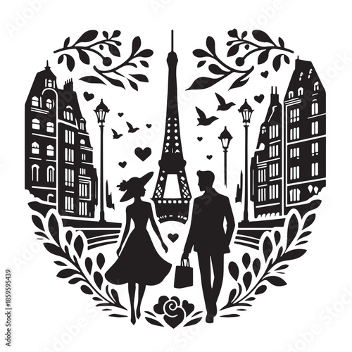 Black Parisian Love Silhouette Vector, High Quality Illustration on White Background