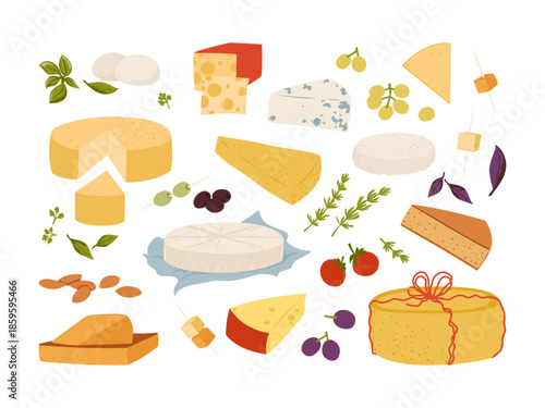 Cheese set. Dairy product, different cheese assortment and snacks. Flat vector illustration isolated on white background.