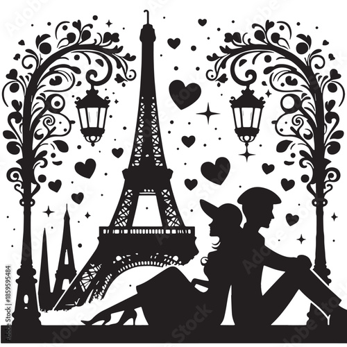 Black Parisian Love Silhouette Vector, High Quality Illustration on White Background