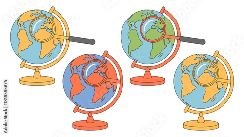 Conceptual illustration of global search and data analysis with magnifying glasses on globes
