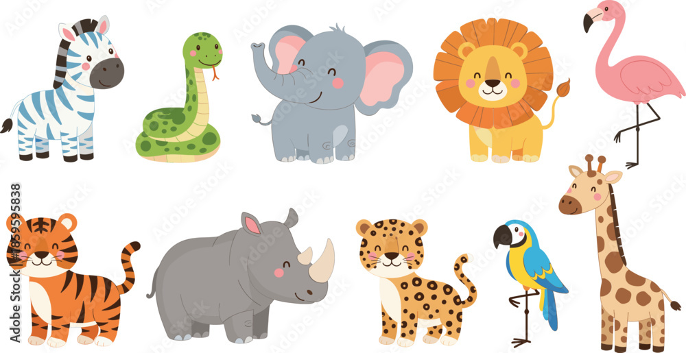 Naklejka premium Cute safari and zoo animals set with zebra, elephant, lion, tiger, giraffe and birds, cartoon illustration